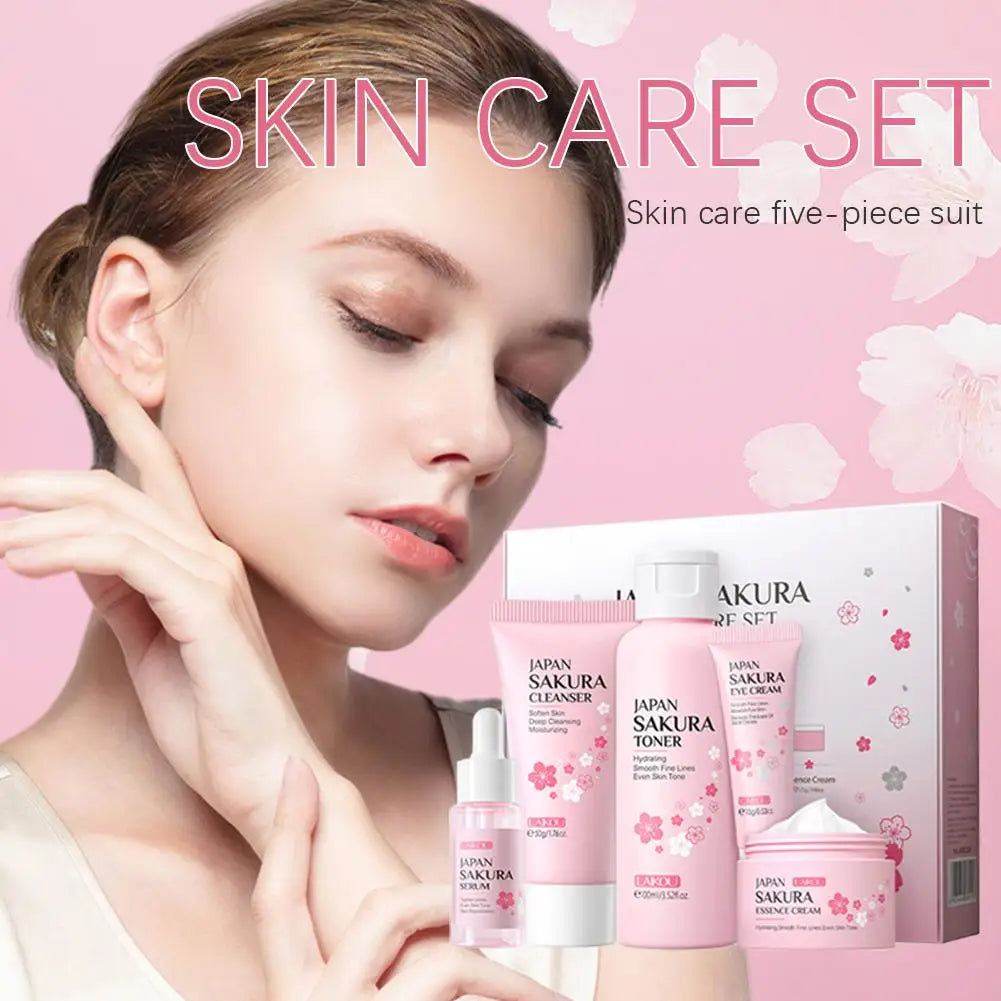 Six-piece face brightening skincare set with cherry blossom design