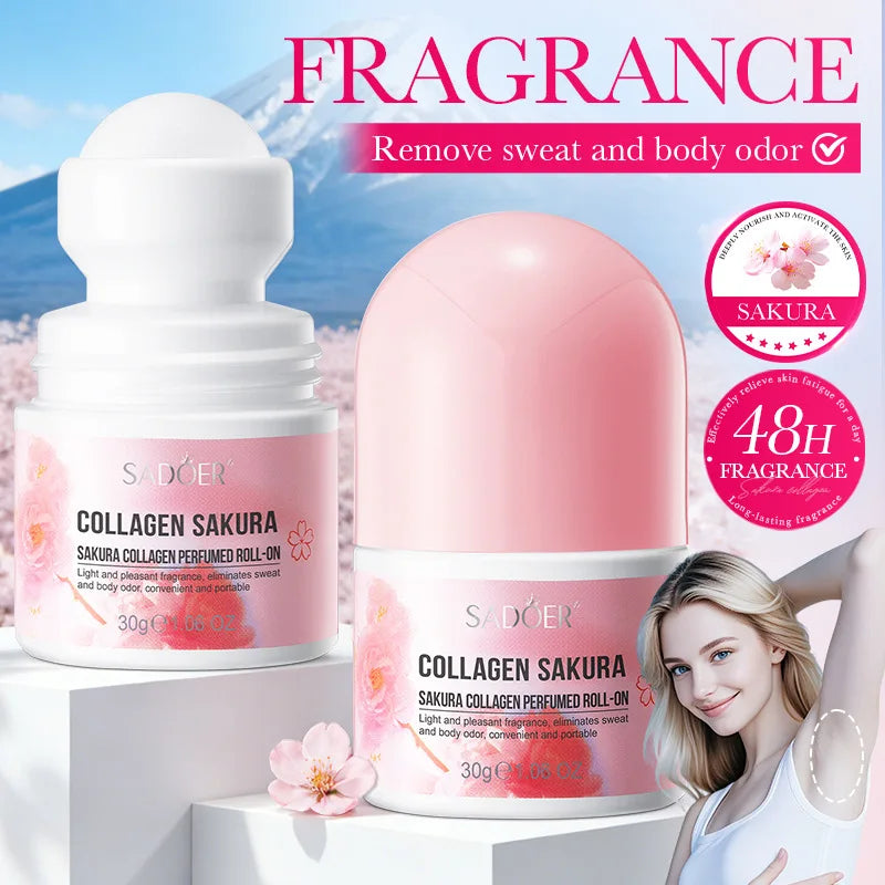 Roll-on deodorant bottle with sakura collagen formula for light fragrance and sweat protection