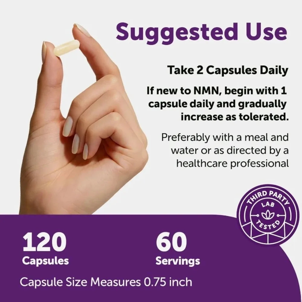Bottle of NMN capsules with resveratrol, CoQ10 and vitamin C supplement