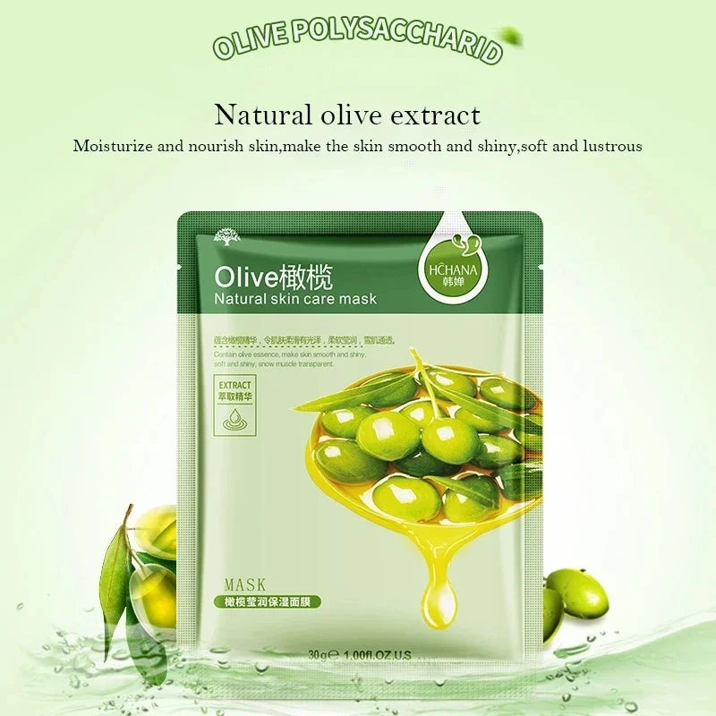 HCHANNA Natural Plant Mask Set — olive + aloe vera + fruit — mask applied on face hydrating