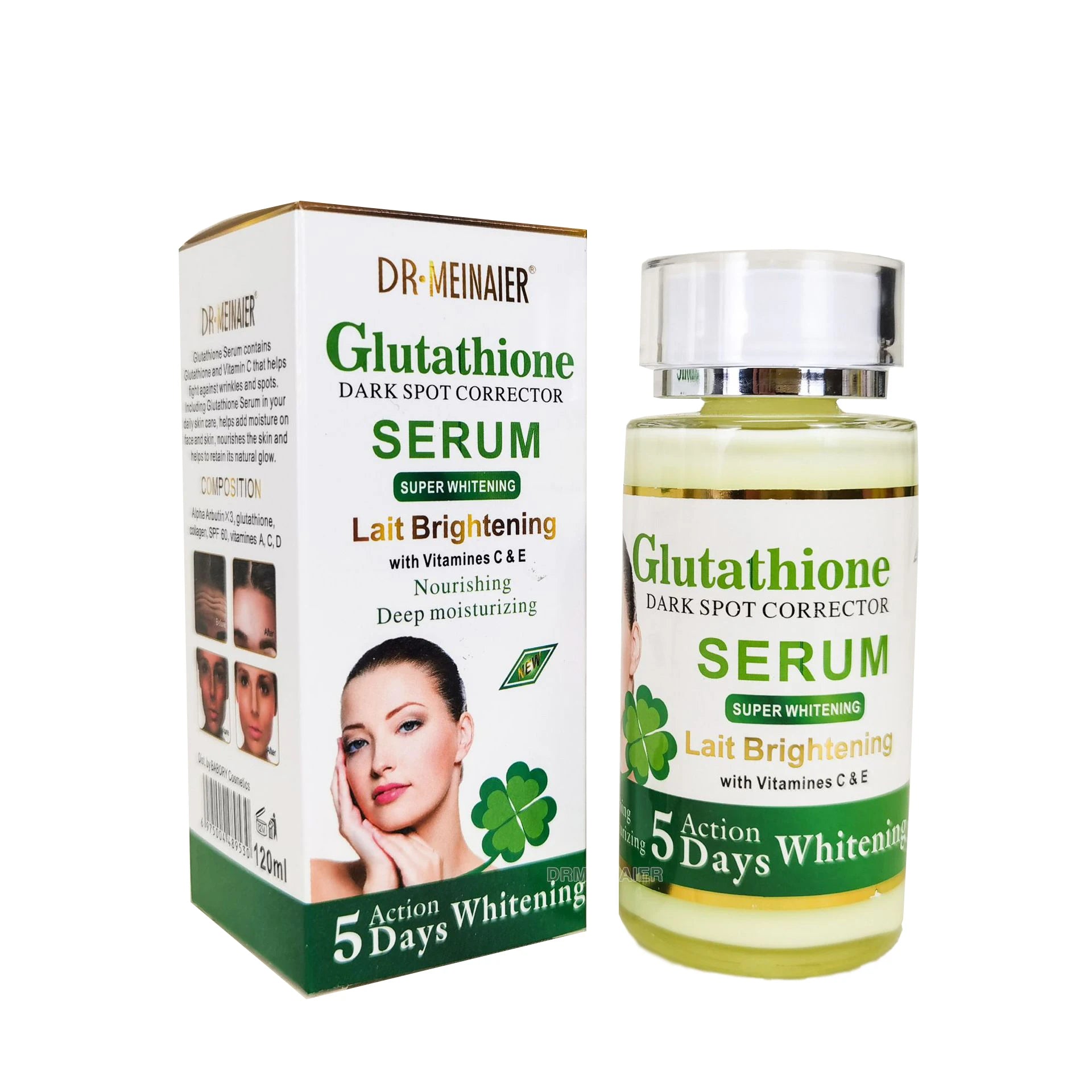Dark spot correcting serum bottle with vitamin C, kojic acid, and glutathione for brighter skin.
