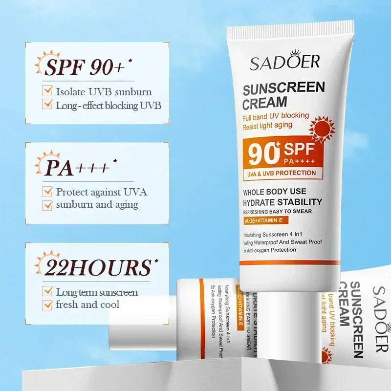Sunscreen tube with SPF90 UV protection and moisturizing formula