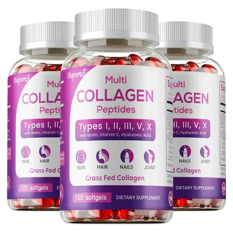 Container of multi collagen peptides supplement powder with biotin, vitamin C and hyaluronic acid