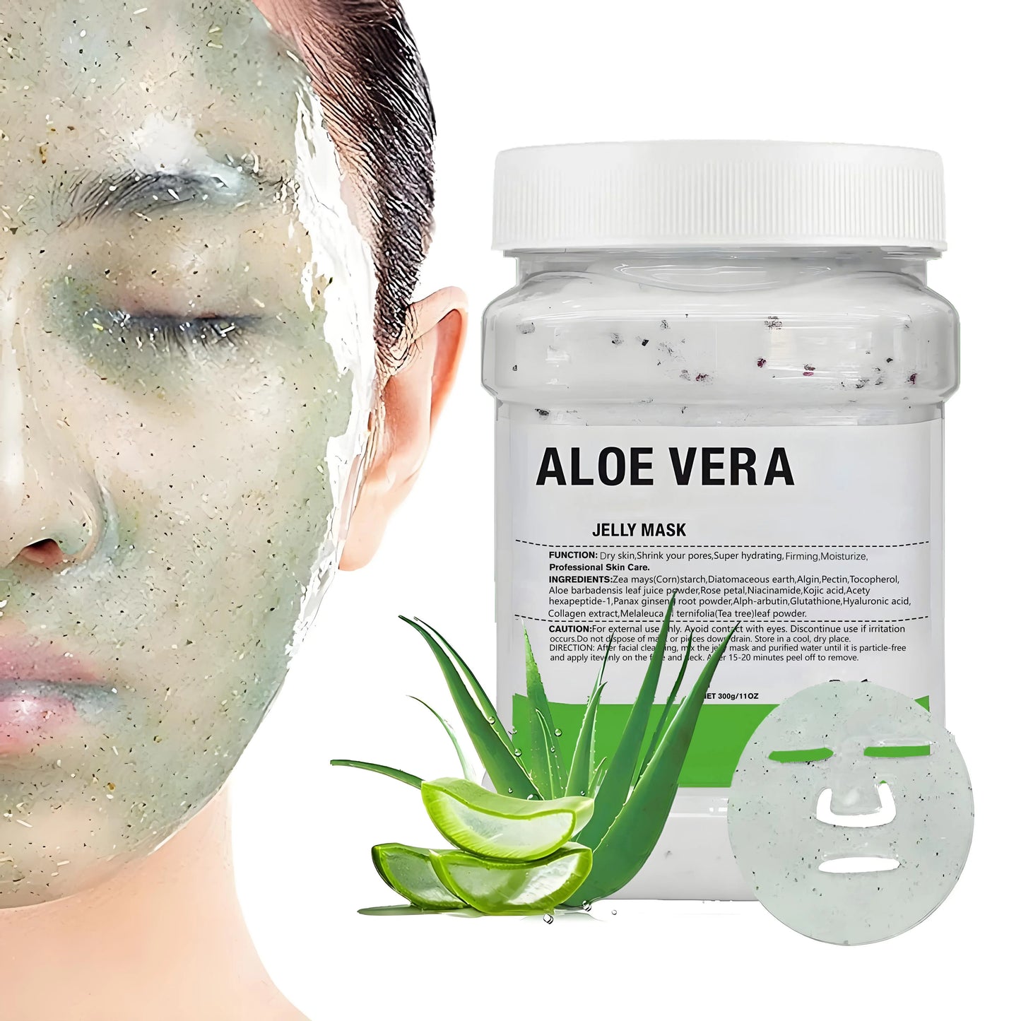 Clear jar of aloe vera deep hydrating jelly facial mask with green gel texture