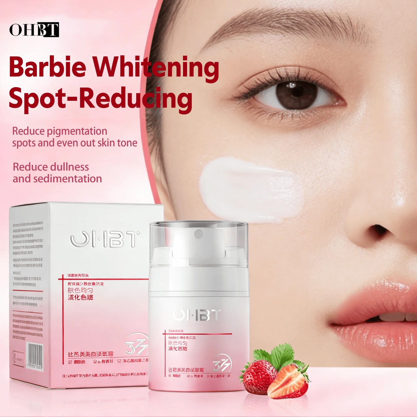 OHBT Face Skin Care Whitening Freckle Cream — Whitening & Niacinamide — Product tube with ingredient callout display
