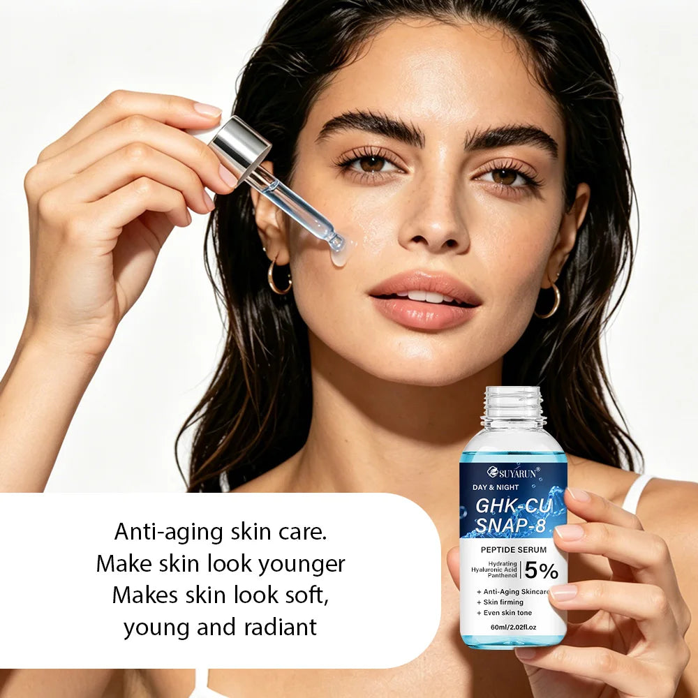 Firming peptide serum bottle with dropper, highlighting GHK-Cu and SNAP-8 peptides.