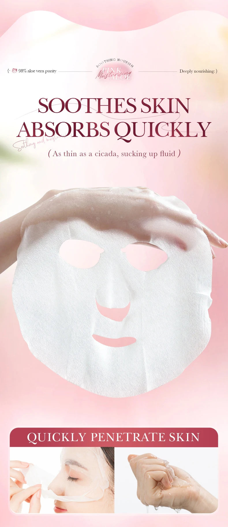 Pink aloe hydrating nourishing sheet mask packet with botanical design