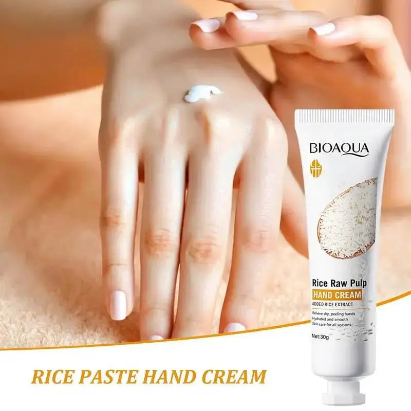 White rice hand cream tube for moisturizing and nourishing hands