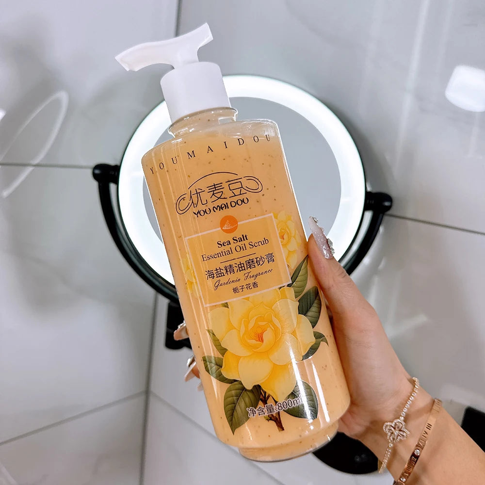 Bottle of mango peach bubble shower gel with bubbly lather