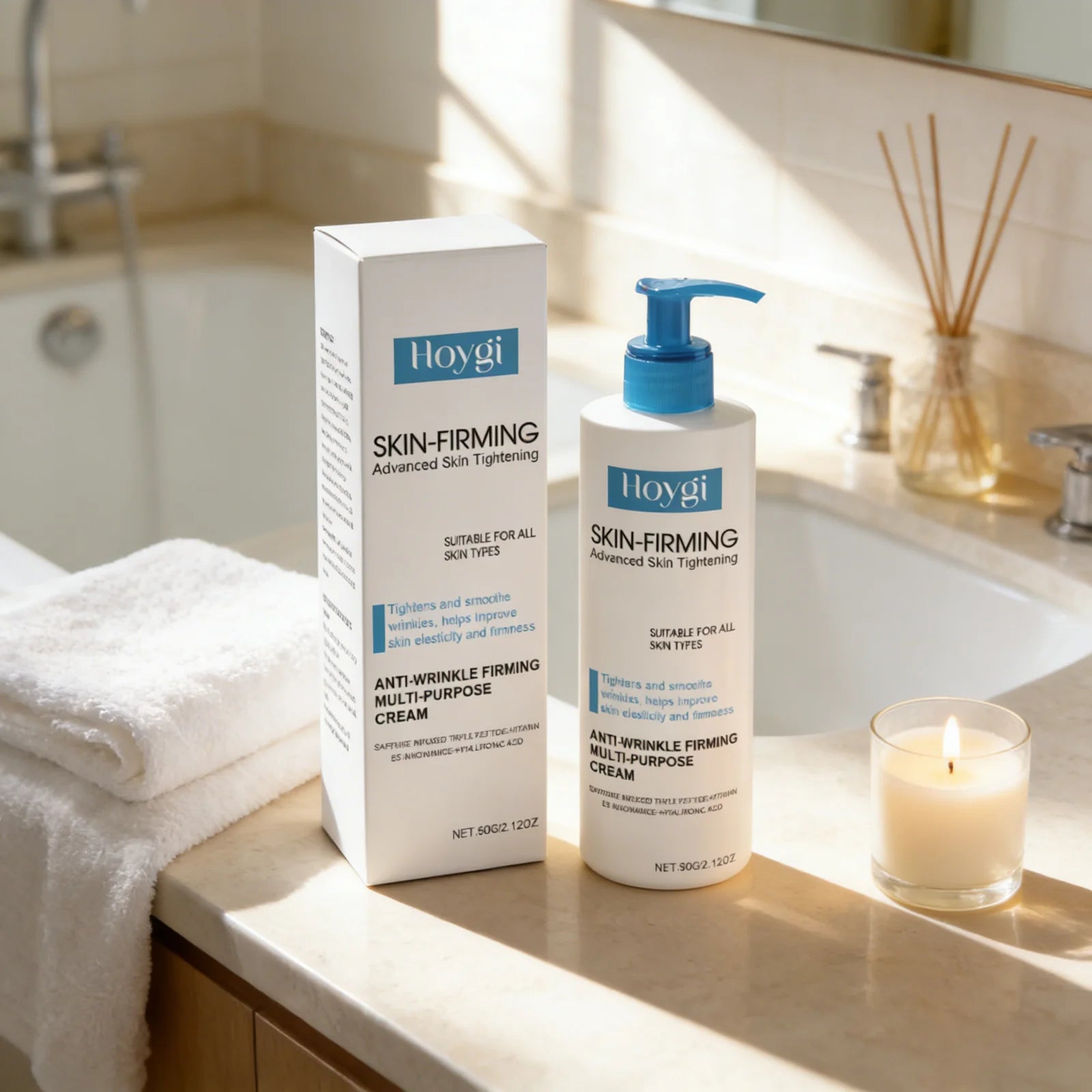 HOYGI — Panthenol Brightening Firming Body Cream — White and blue tube on white background