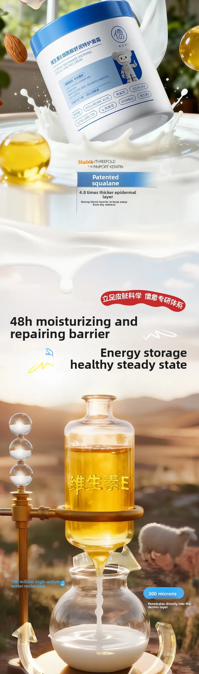 Ruyi Vitamin E Niacinamide Face Cream Soothing Repair Deep Hydrating Brightening Moisturizer for All Skin Daily Care 500g