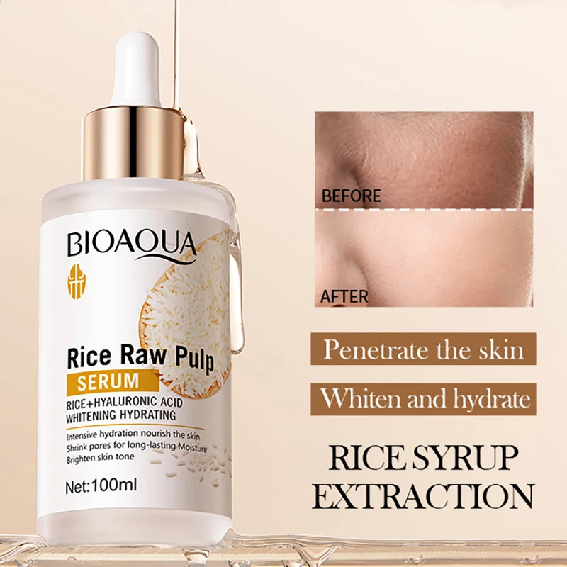 White rice niacinamide brightening face serum bottle with dropper on clean background, moisturizing and firming facial…