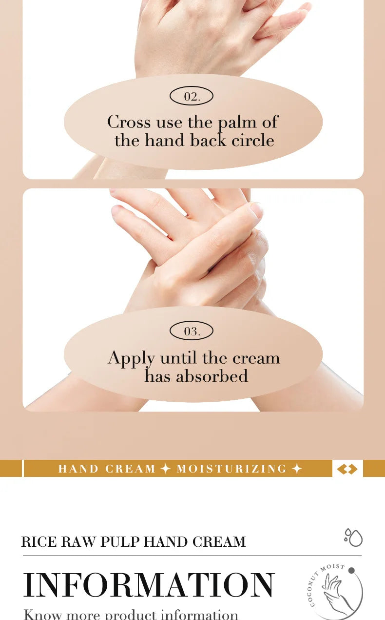 White rice hand cream tube for whitening, moisturizing, and nourishing hands with anti-aging benefits.