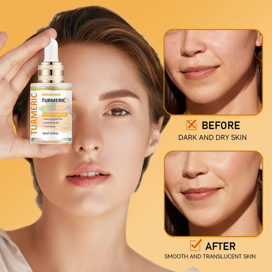 Two bottles of turmeric niacinamide serum oil with vitamin C and hyaluronic acid for face and body