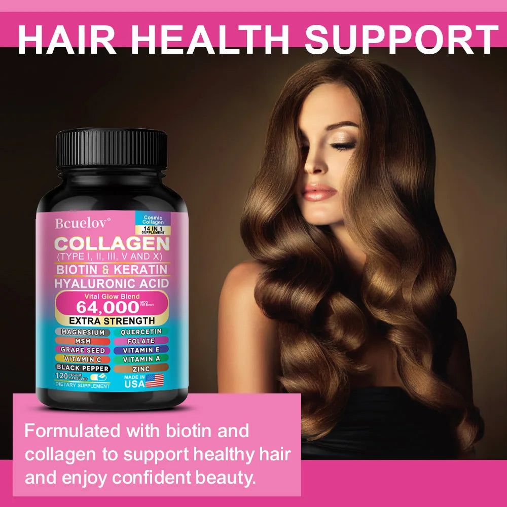 Bcuelov 14-in-1 Collagen Biotin & Hyaluronic Acid Supplement — collagen + biotin + hyaluronic acid — capsules in hand on white background