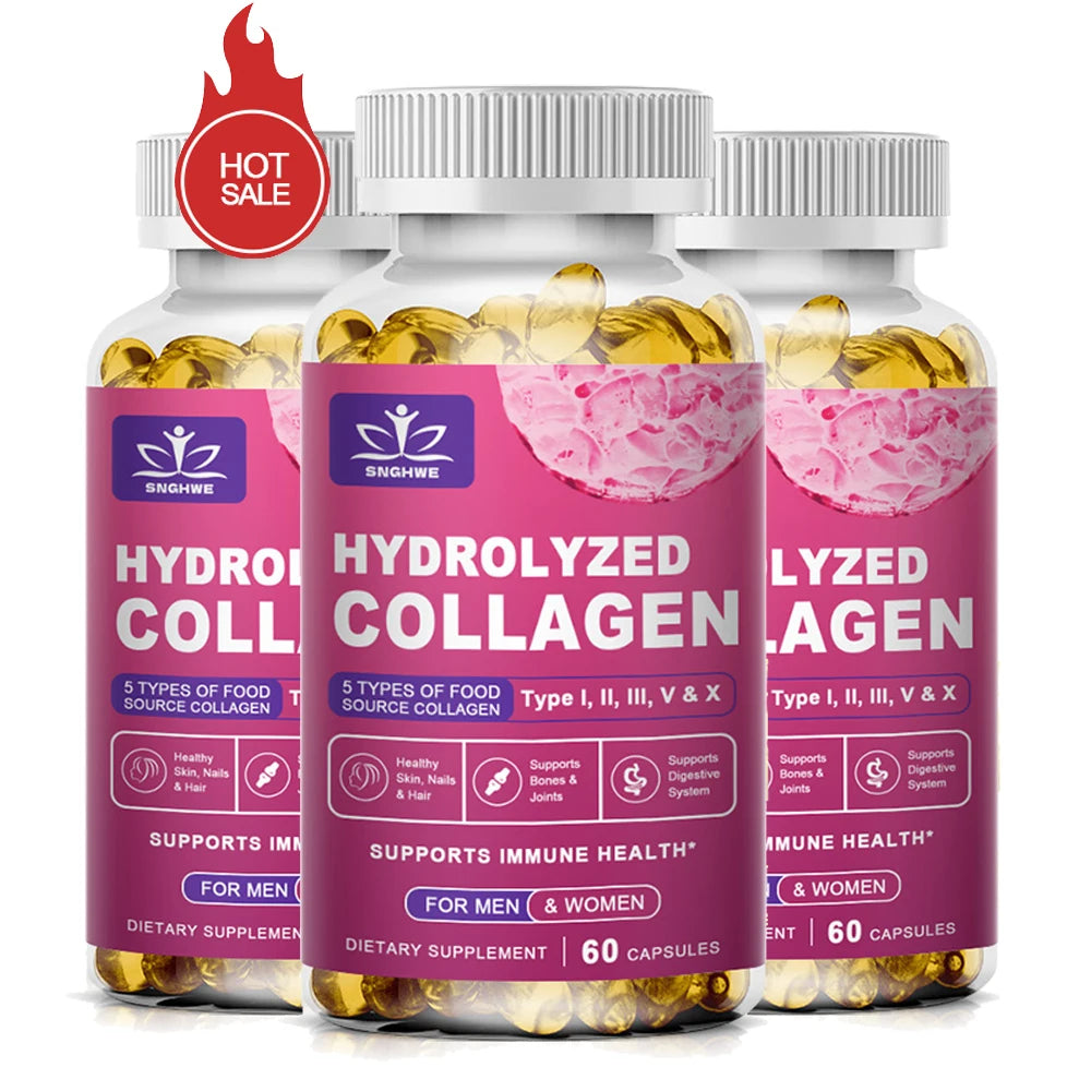 SkinSwaag Beauty SNGHWE Hydrolyzed Collagen Capsules — hydrolyzed collagen + hyaluronic acid — batch code on packaging on white background