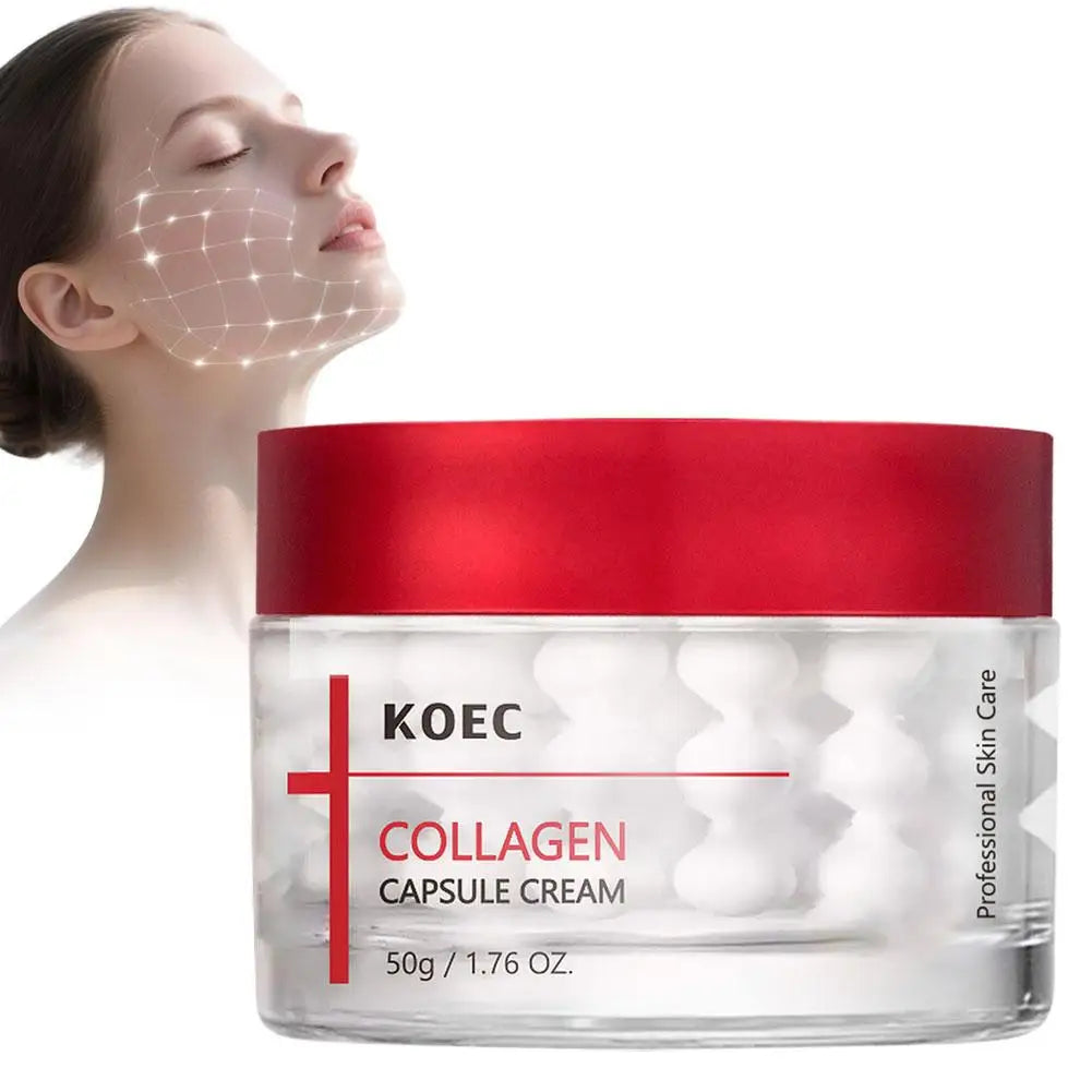 Firming face cream jar with collagen capsules, showing skincare product packaging and texture.