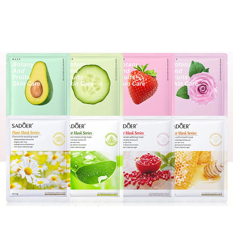 Assorted botanical sheet masks with aloe, seaweed and green tea for hydrating and brightening facial care