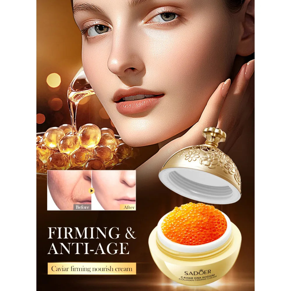 Firming moisturising cream jar with caviar DNA and collagen complex, showing rich texture.
