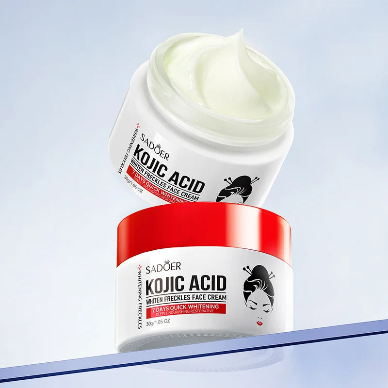 Kojic acid face cream and eye cream travel set of small tubes and jars on neutral background