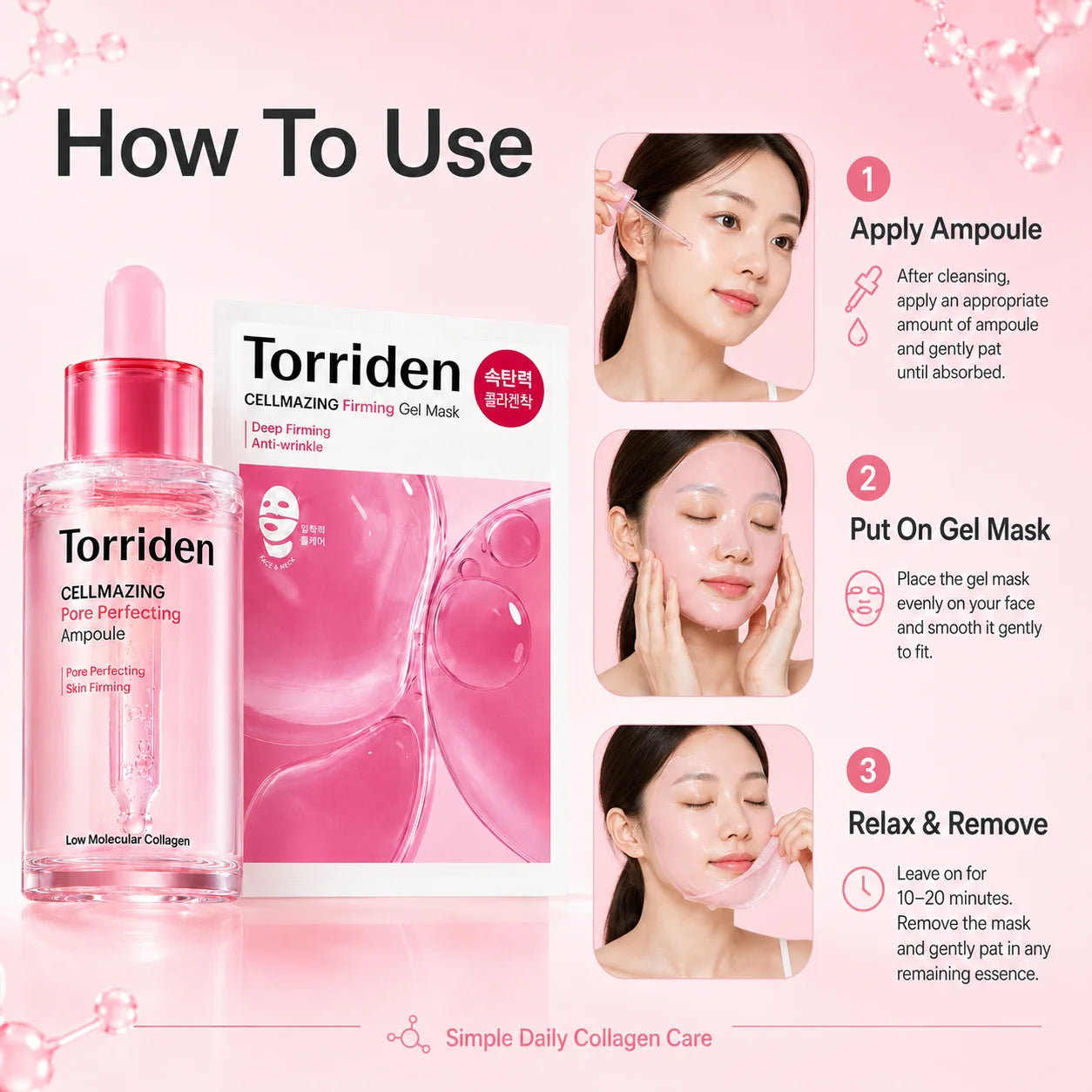 Set of skincare products: collagen ampoule bottle and firming gel mask tube packaging.