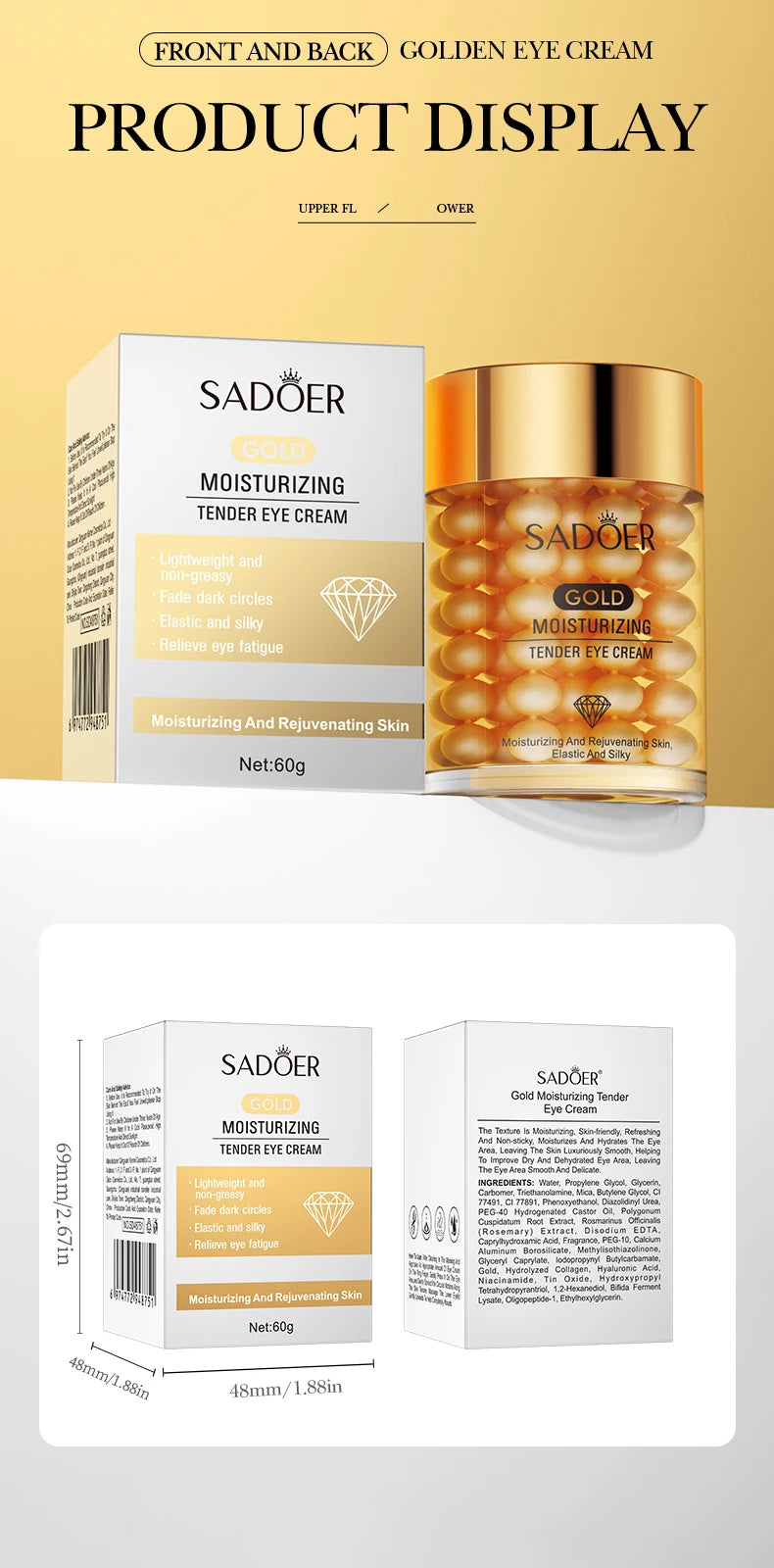 SADOER 24K Golden Eye Cream Anti Dark Circles Wrinkles Moisturizing Hydrating Anti-aging Creams Eyes Skin Care