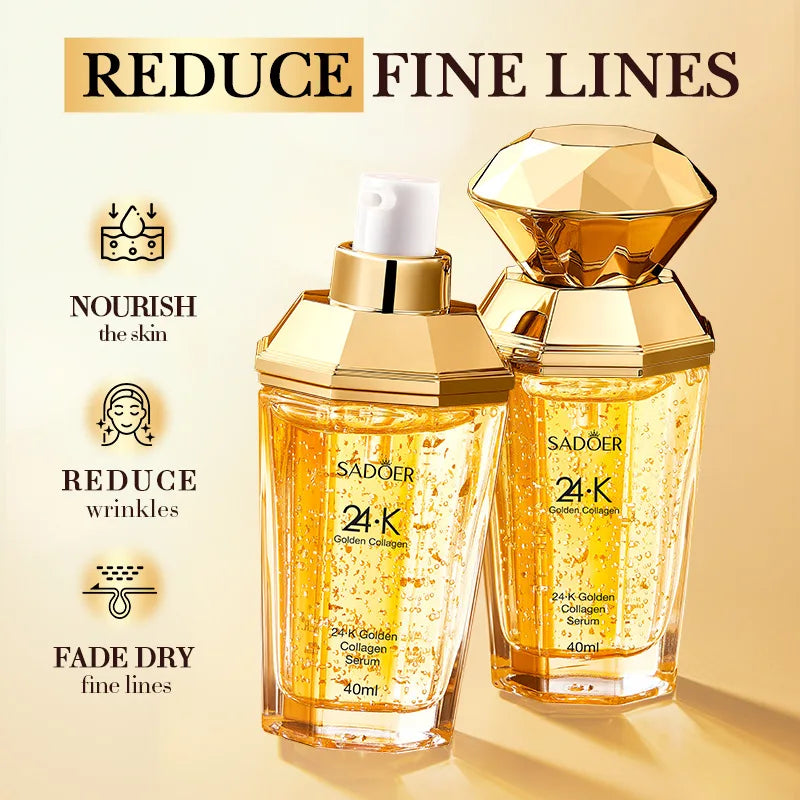 Facial serum bottle with gold and collagen brightening formula for moisturizing and firming skin