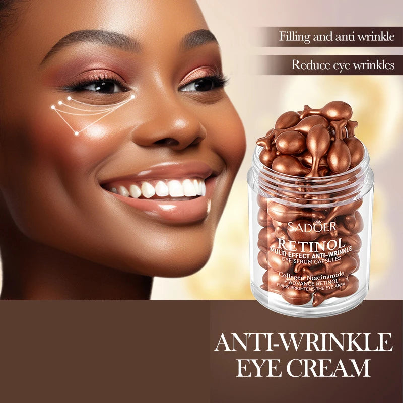 Firming eye serum bottle with dropper containing retinol and peptides to reduce dark circles and moisturize under eyes