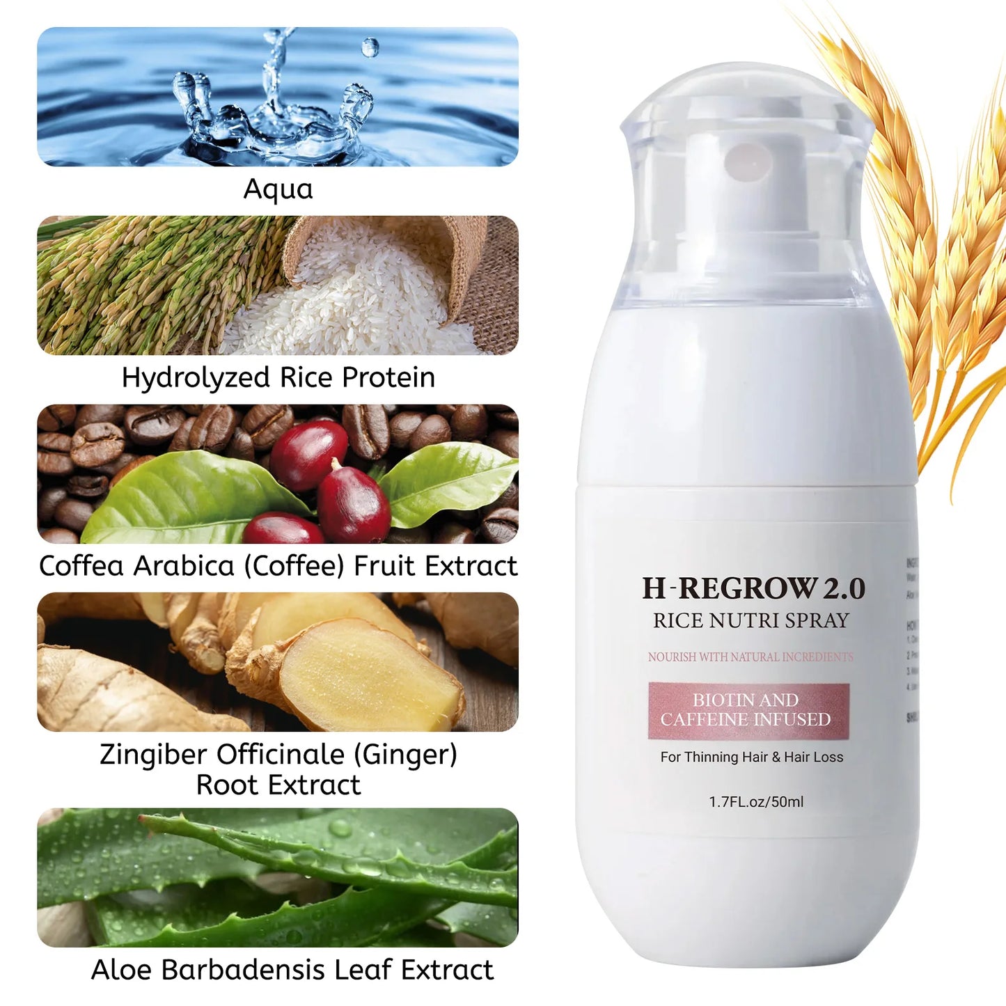 Bottle of fermented rice water hair growth spray with biotin and caffeine for scalp treatment and hair fall control.