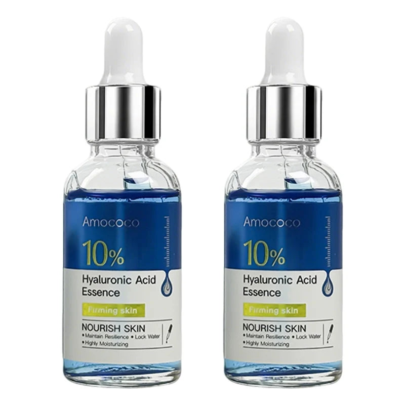 Pair of 30ml facial serum bottles with droppers for salicylic acid, vitamin C, and hyaluronic acid skincare.