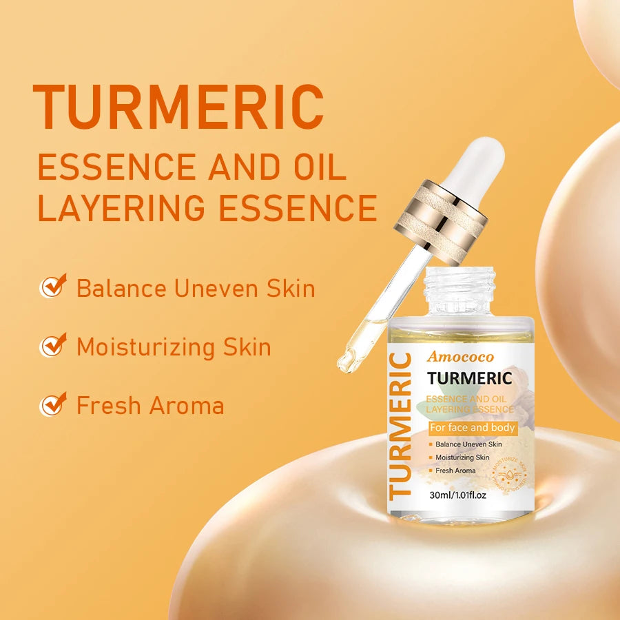 Two 30ml bottles of turmeric niacinamide water-oil layered serum with vitamin C and hyaluronic acid for face and body