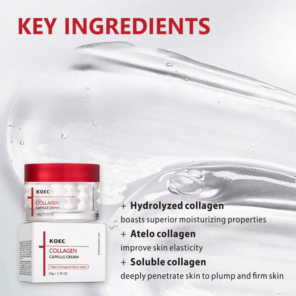 Jar of collagen capsule firming face cream for skin tightening and hydration
