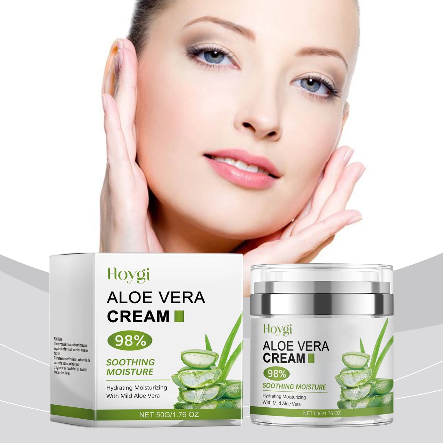 Jar of aloe vera cream with green leaf accents