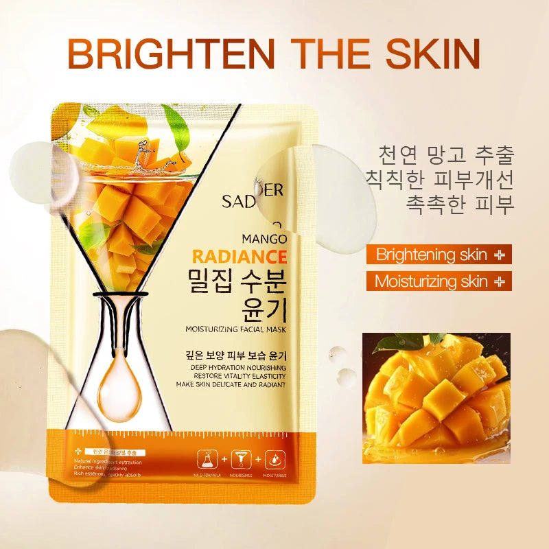 Eight fruit extract sheet masks for hydrating, brightening and firming facial care.
