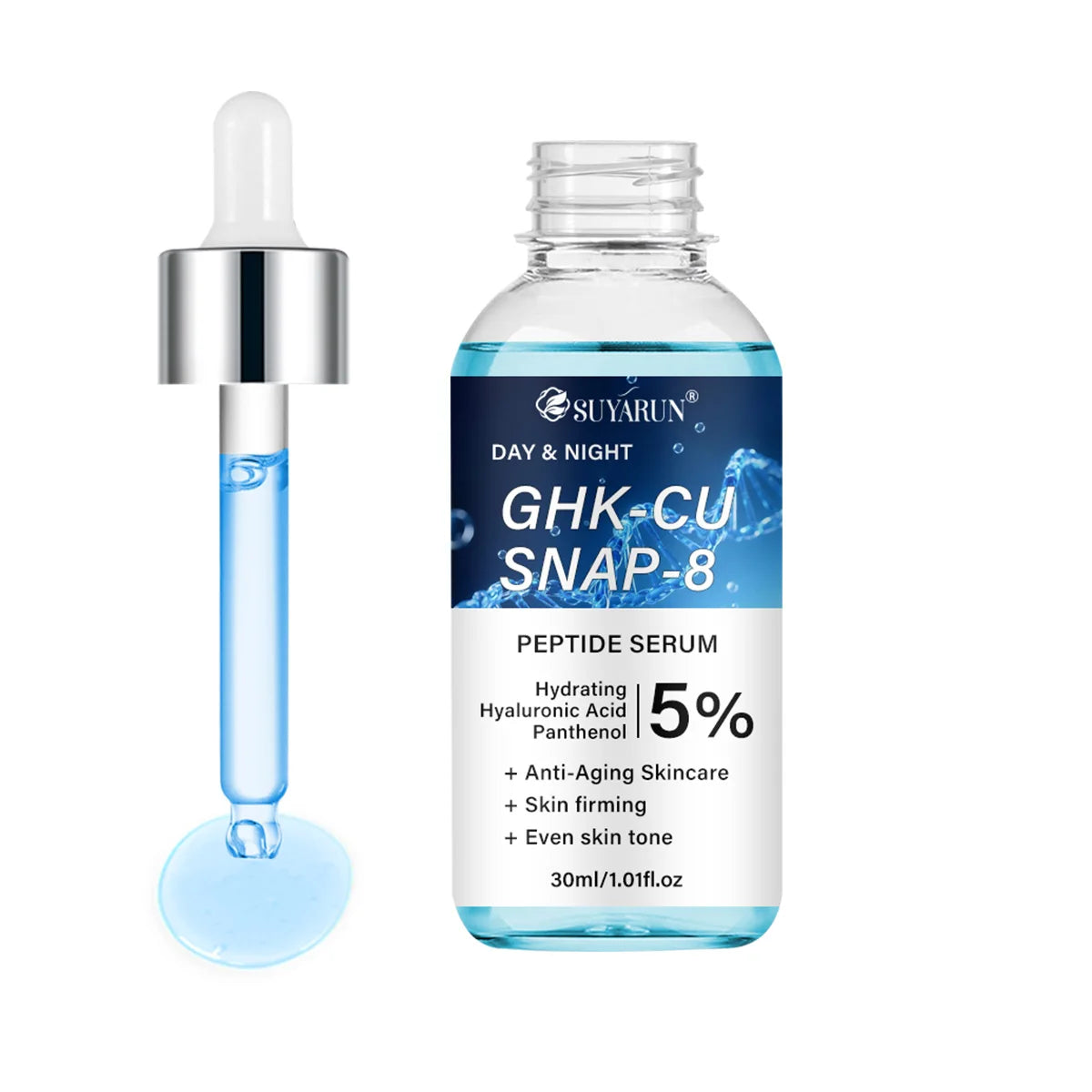 Firming peptide serum bottle with GHK-Cu and SNAP-8 ingredients