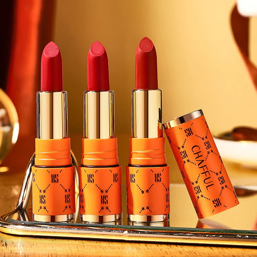SkinSwaag Beauty — CHAFFUL Matte Waterproof Long-Lasting Lipstick — Lipstick tube with color swatches on white background