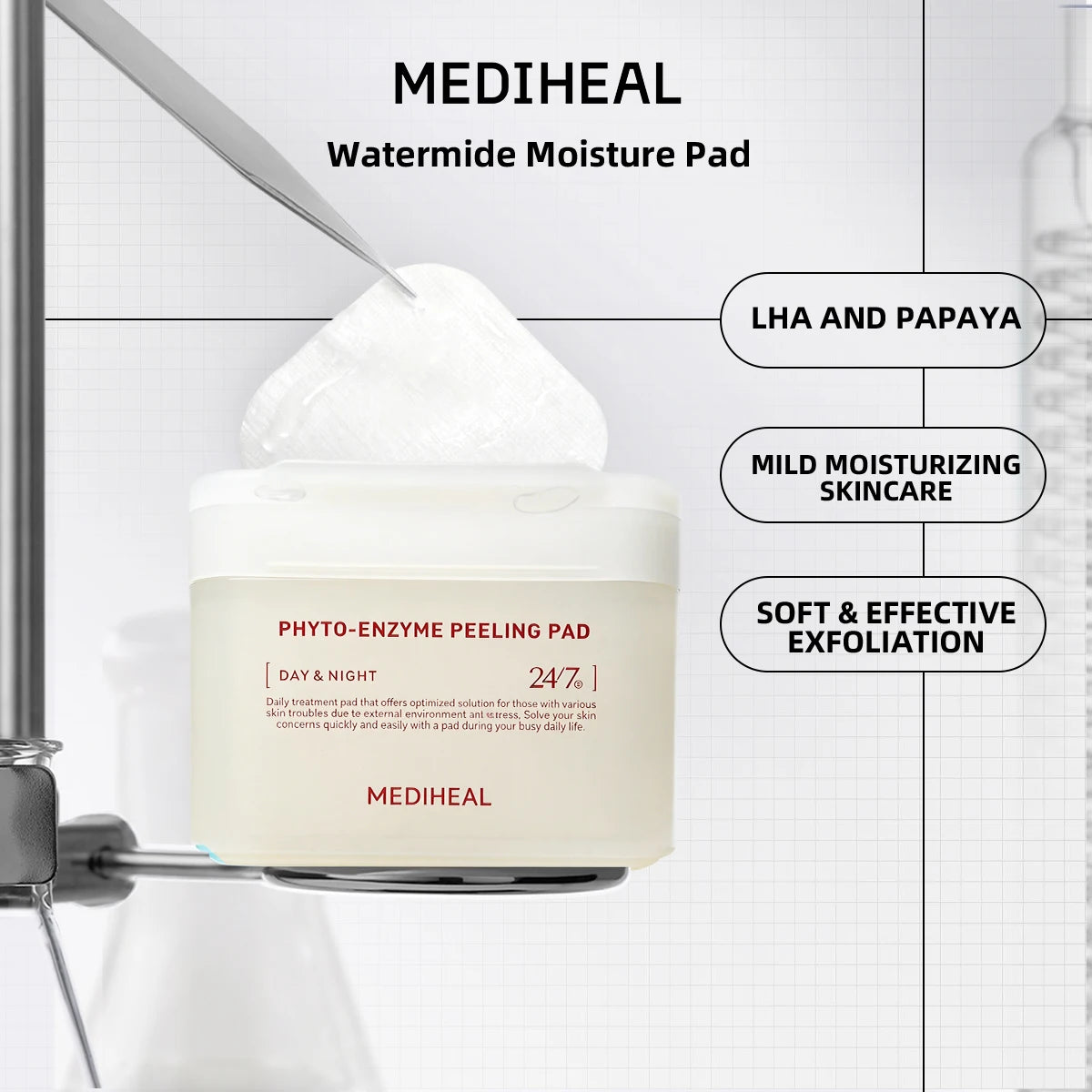 Round cotton toner pads soaked in hydrating essence with dewy moisture on a clean white surface