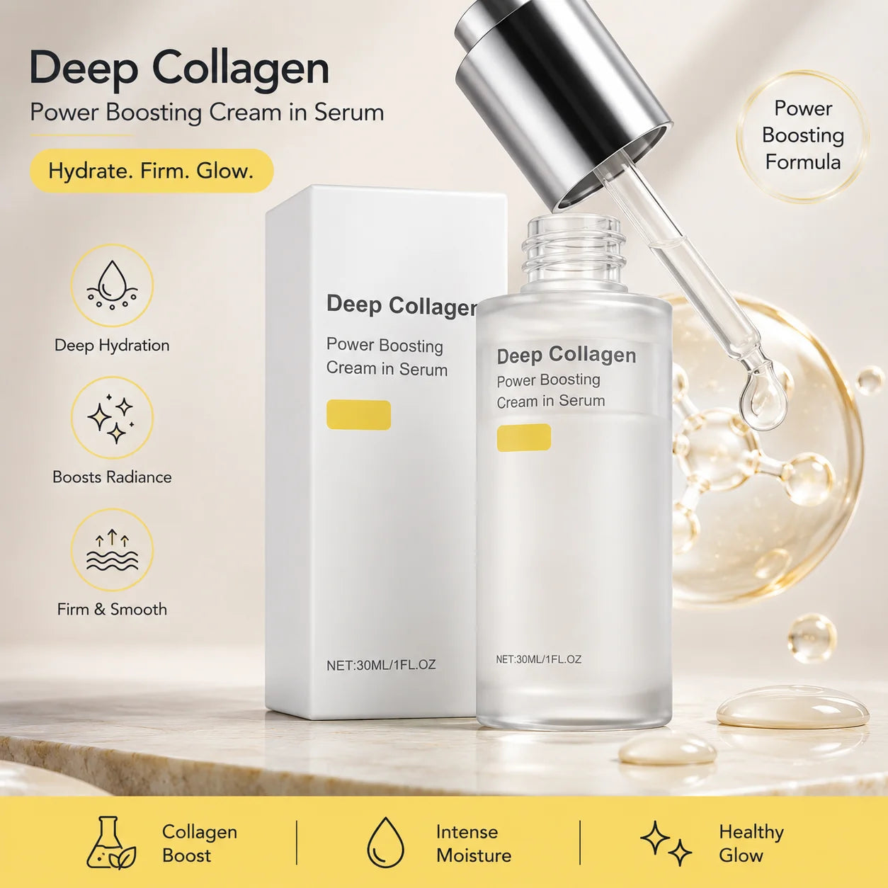 Facial serum bottle for collagen and silk peptide firming treatment