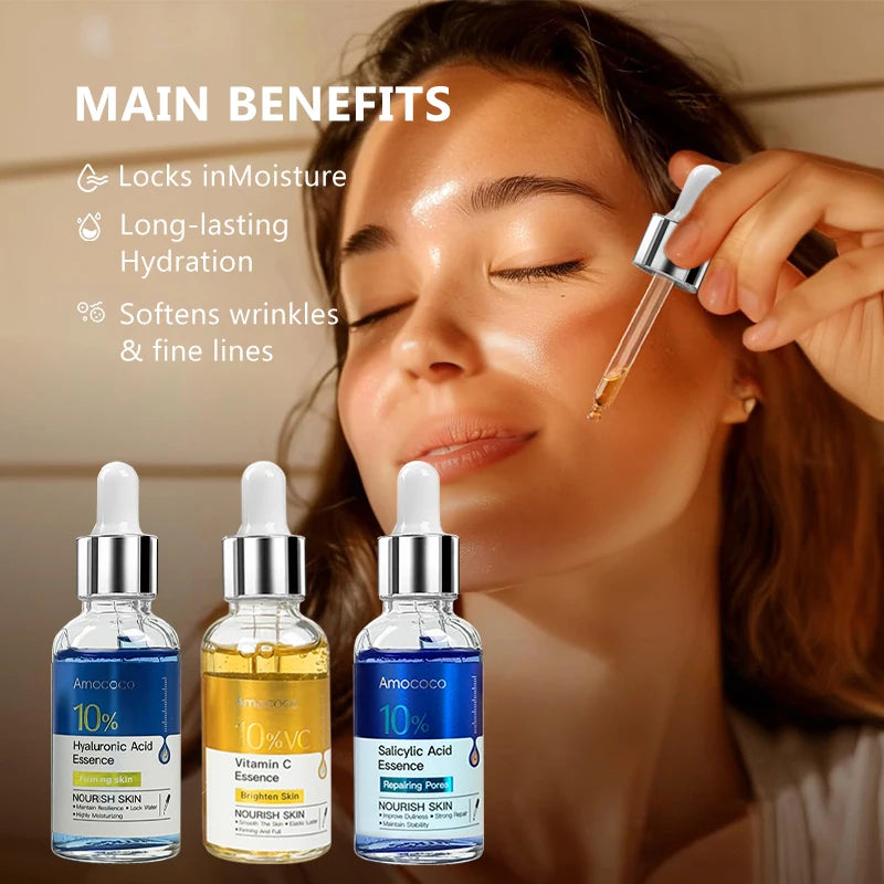 Two 30ml facial serum bottles with salicylic acid, vitamin C, and hyaluronic acid for brightening and hydration.