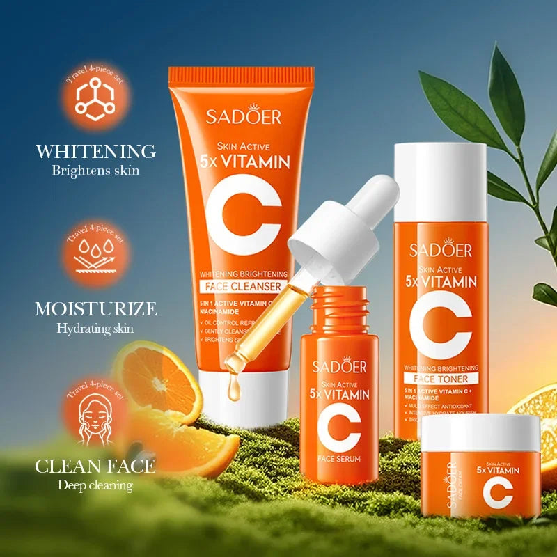 SADOER Vitamin C 5-Piece Skincare Set — Vitamin C — Full set with SADOER branding close-up