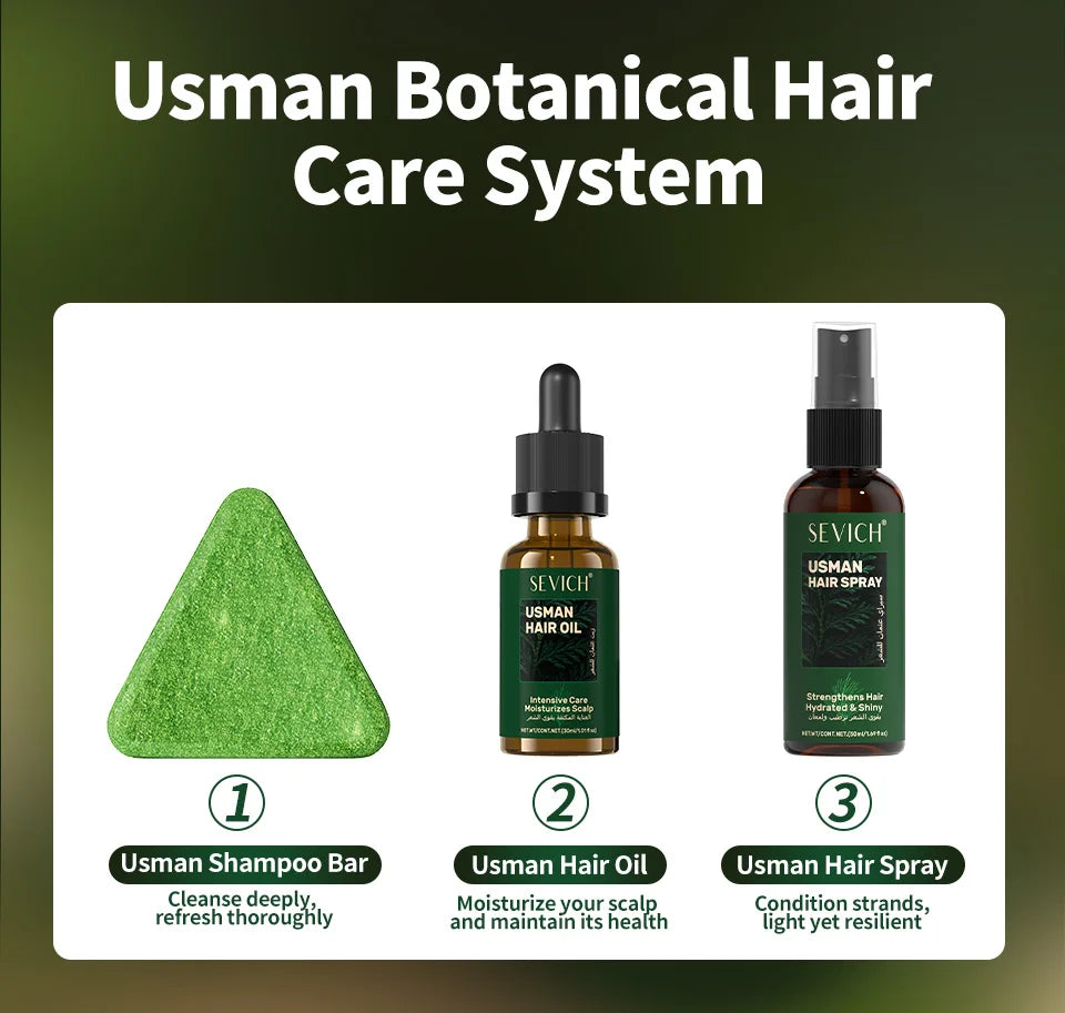 Set of hair growth products including serum, essential oil, shampoo soap, and thickening spray for men and women