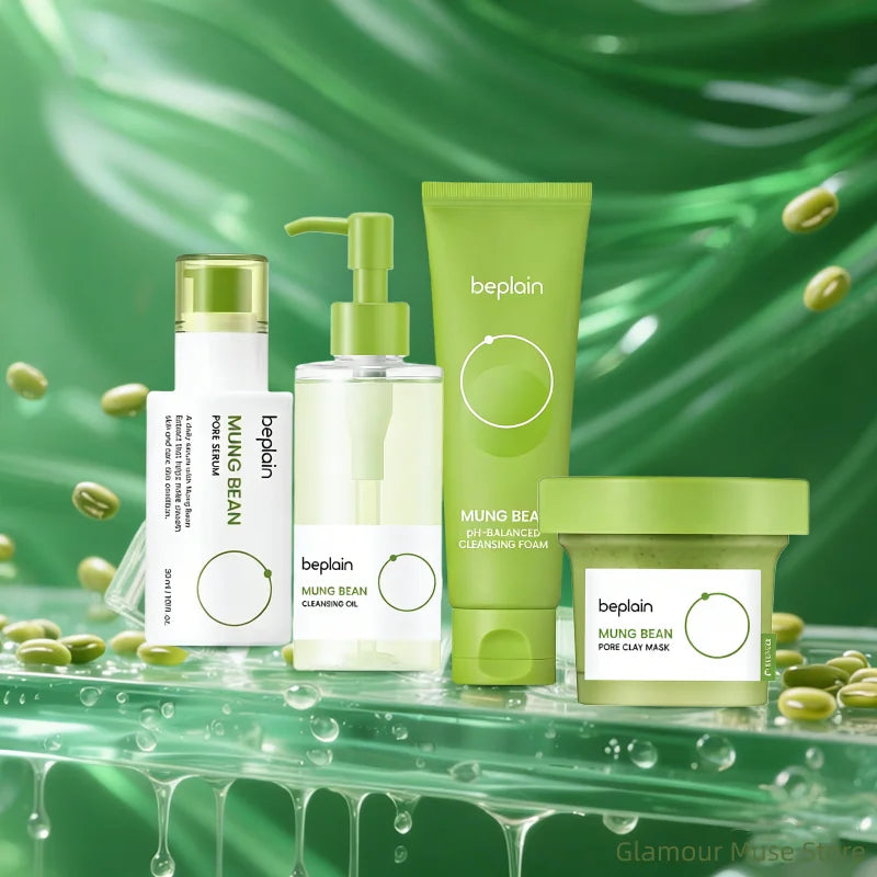BEPLAIN Mung Bean Pore Refining Skincare Set — Mung Bean — Green and white skincare product set on white background