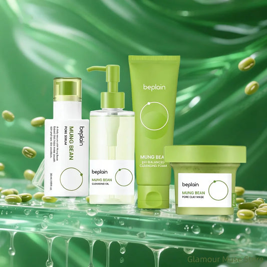 BEPLAIN Mung Bean Pore Refining Skincare Set — Mung Bean — Green and white skincare product set on white background