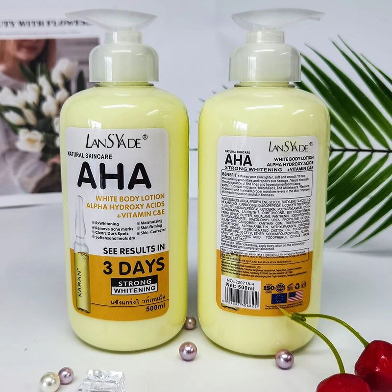 SkinSwaag Beauty LANSYADE AHA Vitamin C & E Whitening Body Lotion — AHA + vitamin C + vitamin E — batch code on packaging on white background