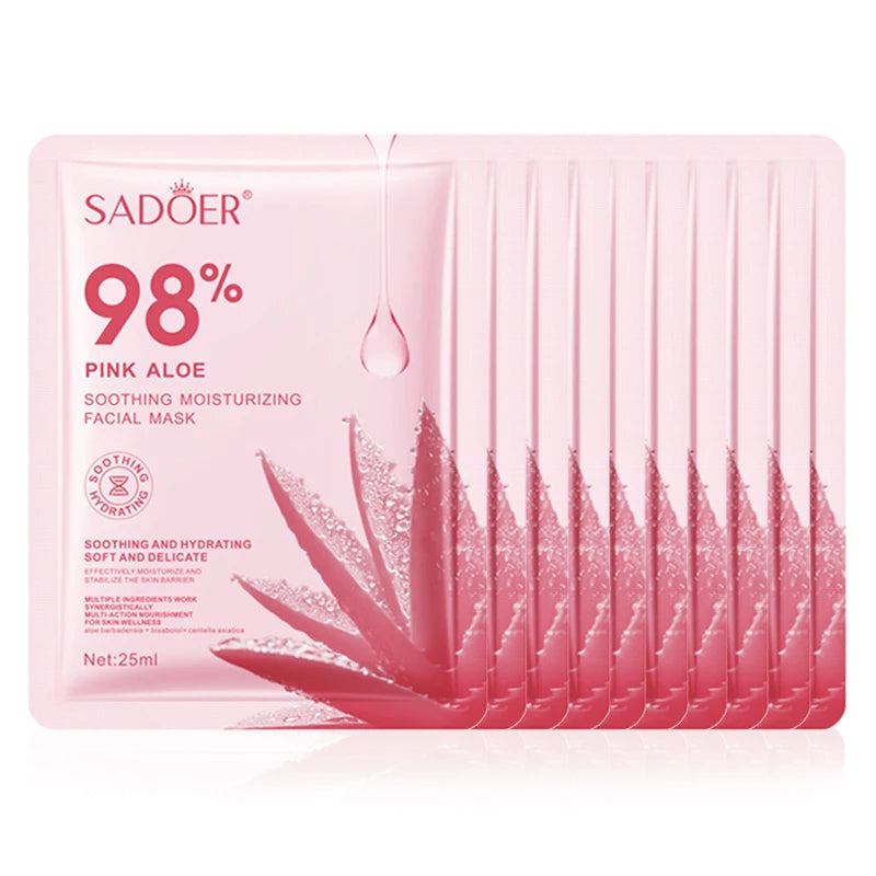 Pink aloe sheet mask for hydrating and nourishing skin