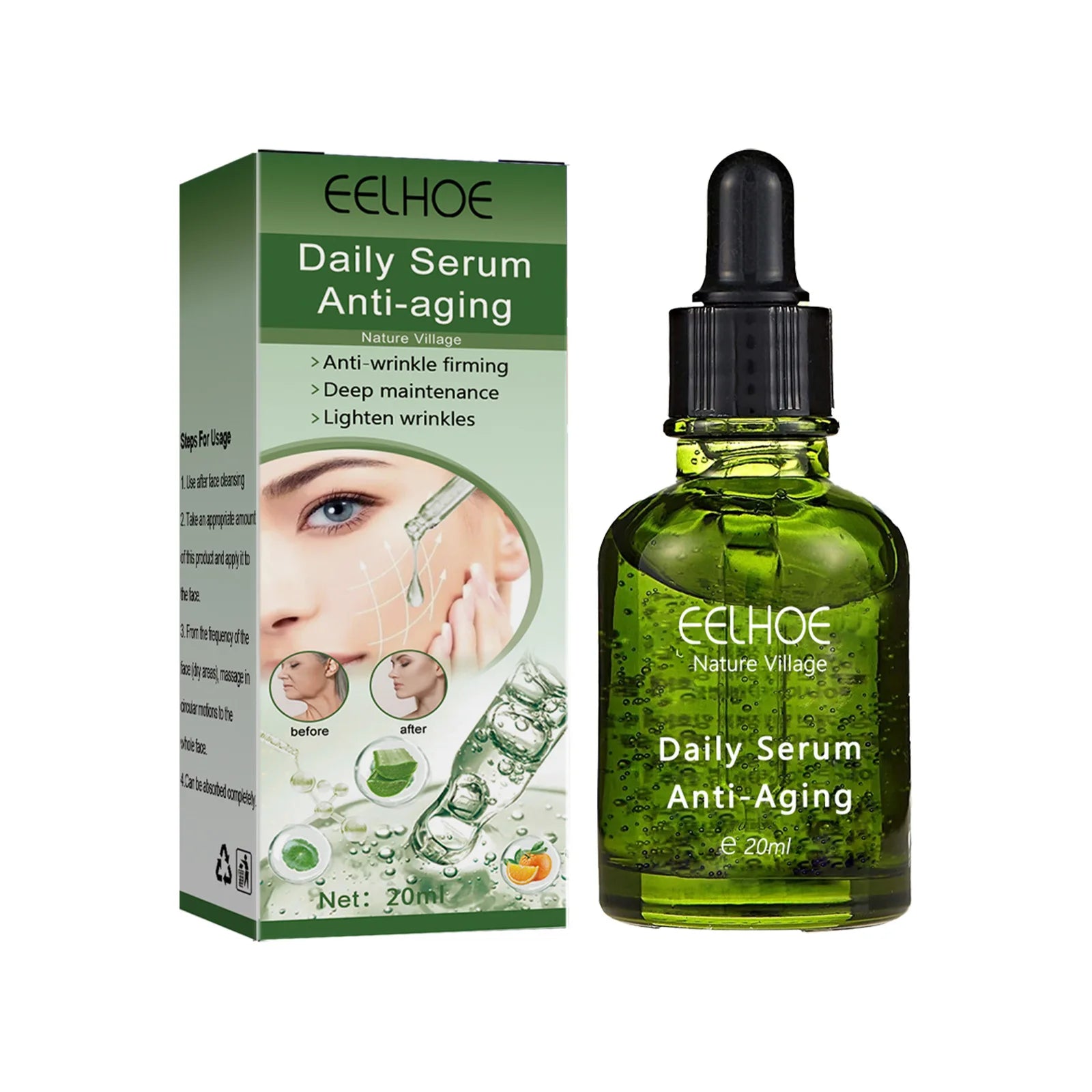 EELHOE — Daily Lifting & Firming Serum — White and green dropper bottle on white background