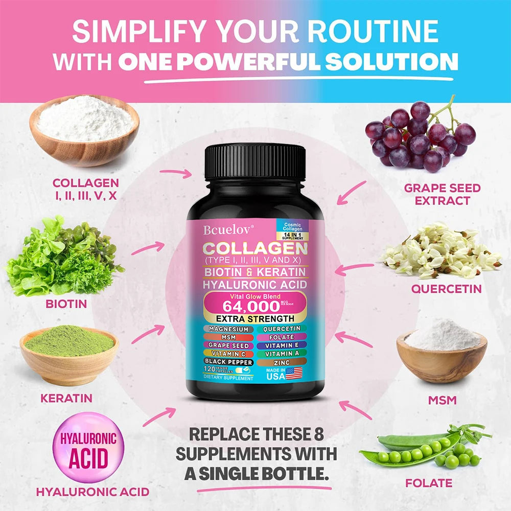 Bcuelov 14-in-1 Collagen Biotin & Hyaluronic Acid Supplement — collagen + biotin + hyaluronic acid — supplement facts label on white background
