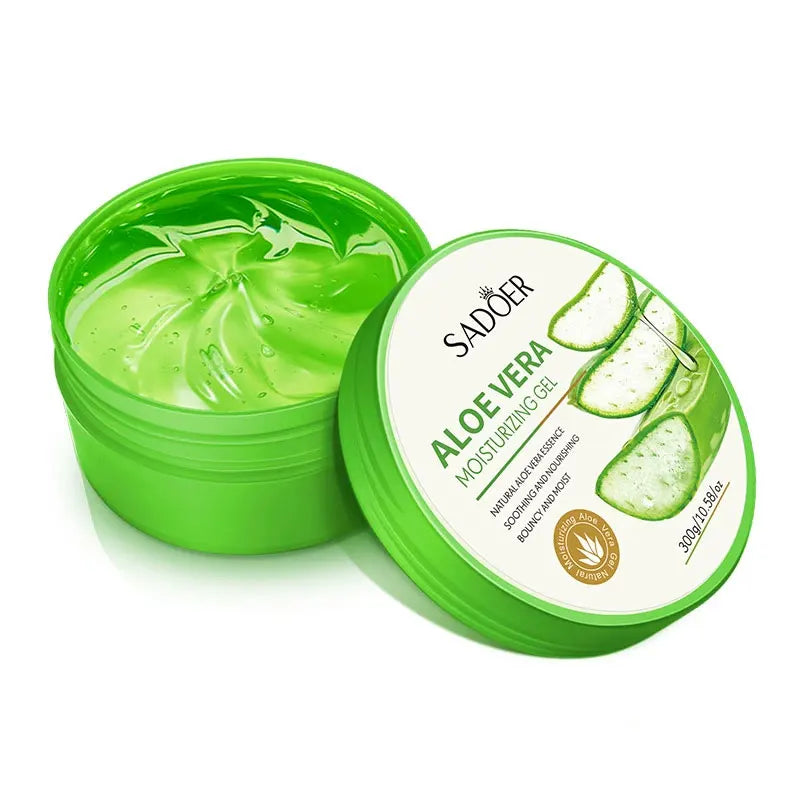 Aloe vera facial gel tube with green leaf accents, brightening and moisturizing skincare.