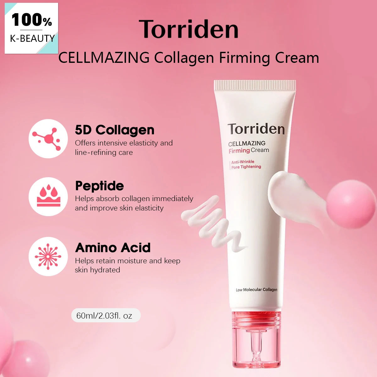 Jar of low molecular collagen firming cream for lifting and plumping skin.