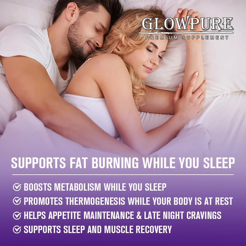 SkinSwaag Beauty GLOW PURE Night Time Fat Burning & Cellulite Weight Loss Pills — metabolism support — bottle back view on white background